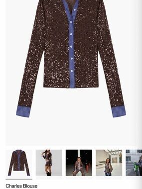Hand Over Charlies Blouse - Brown Sequin Button-Up Blouse with Blue Trim size L